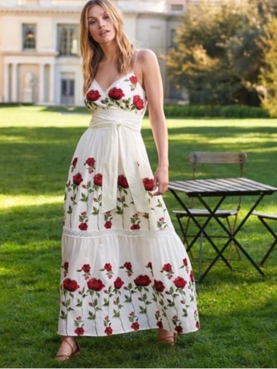 ANTONIO MELANI Dresses & Skirts - ANTONIO MELANI White Maxi Dress with Red Rose Embroidery